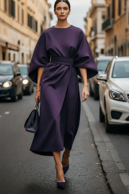 Women's Belted Wide-Sleeve Midi Cocktail Dress
