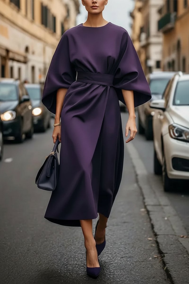 Women's Belted Wide-Sleeve Midi Cocktail Dress