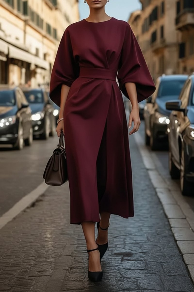 Women's Belted Wide-Sleeve Midi Cocktail Dress