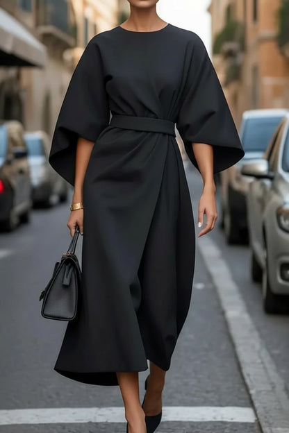 Women's Belted Wide-Sleeve Midi Cocktail Dress