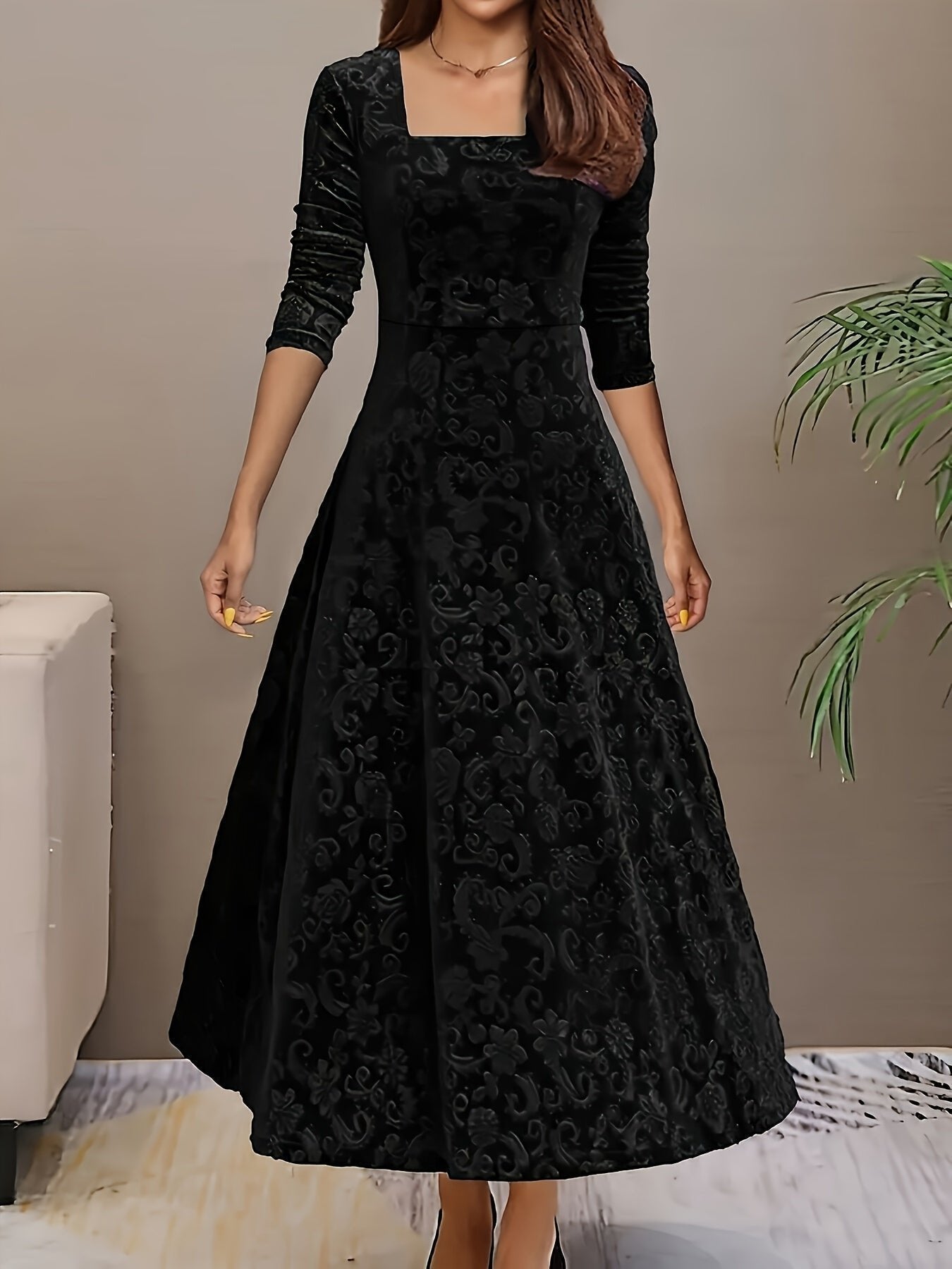 Women's 3/4-Sleeve Square-Neck Velvet Midi A-Line Dress