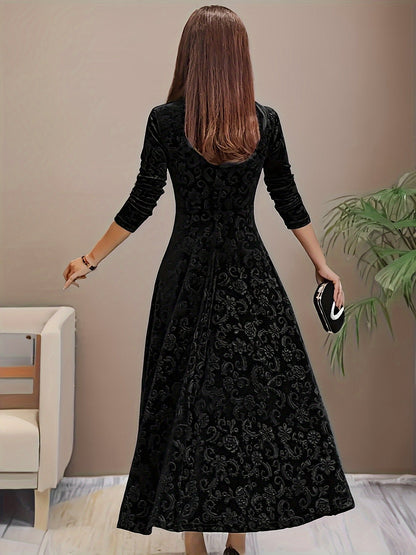 Women's 3/4-Sleeve Square-Neck Velvet Midi A-Line Dress