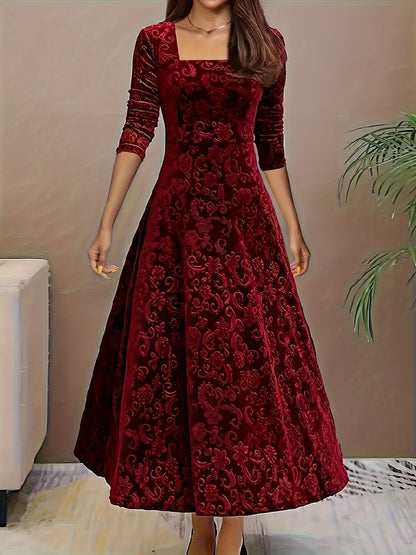 Women's 3/4-Sleeve Square-Neck Velvet Midi A-Line Dress