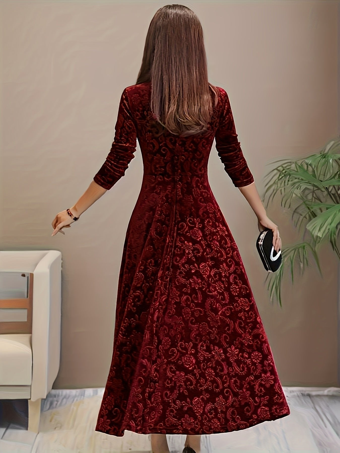 Women's 3/4-Sleeve Square-Neck Velvet Midi A-Line Dress