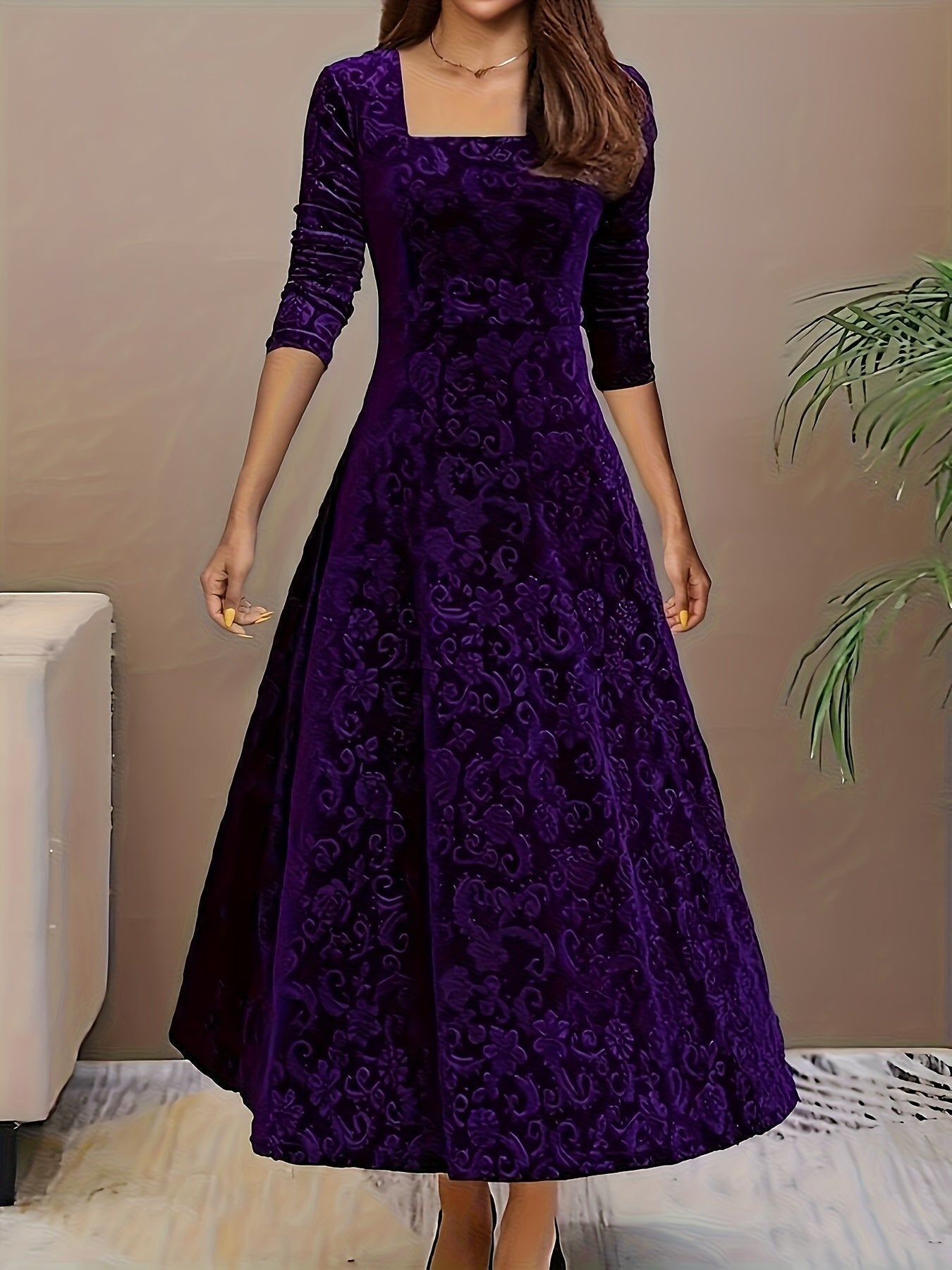Women's 3/4-Sleeve Square-Neck Velvet Midi A-Line Dress