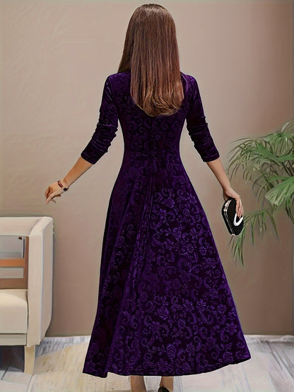 Women's 3/4-Sleeve Square-Neck Velvet Midi A-Line Dress