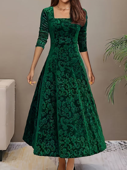 Women's 3/4-Sleeve Square-Neck Velvet Midi A-Line Dress