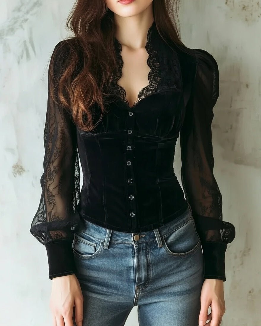 Women's Velvet Button-Up Blouse with Sheer Lace Sleeves