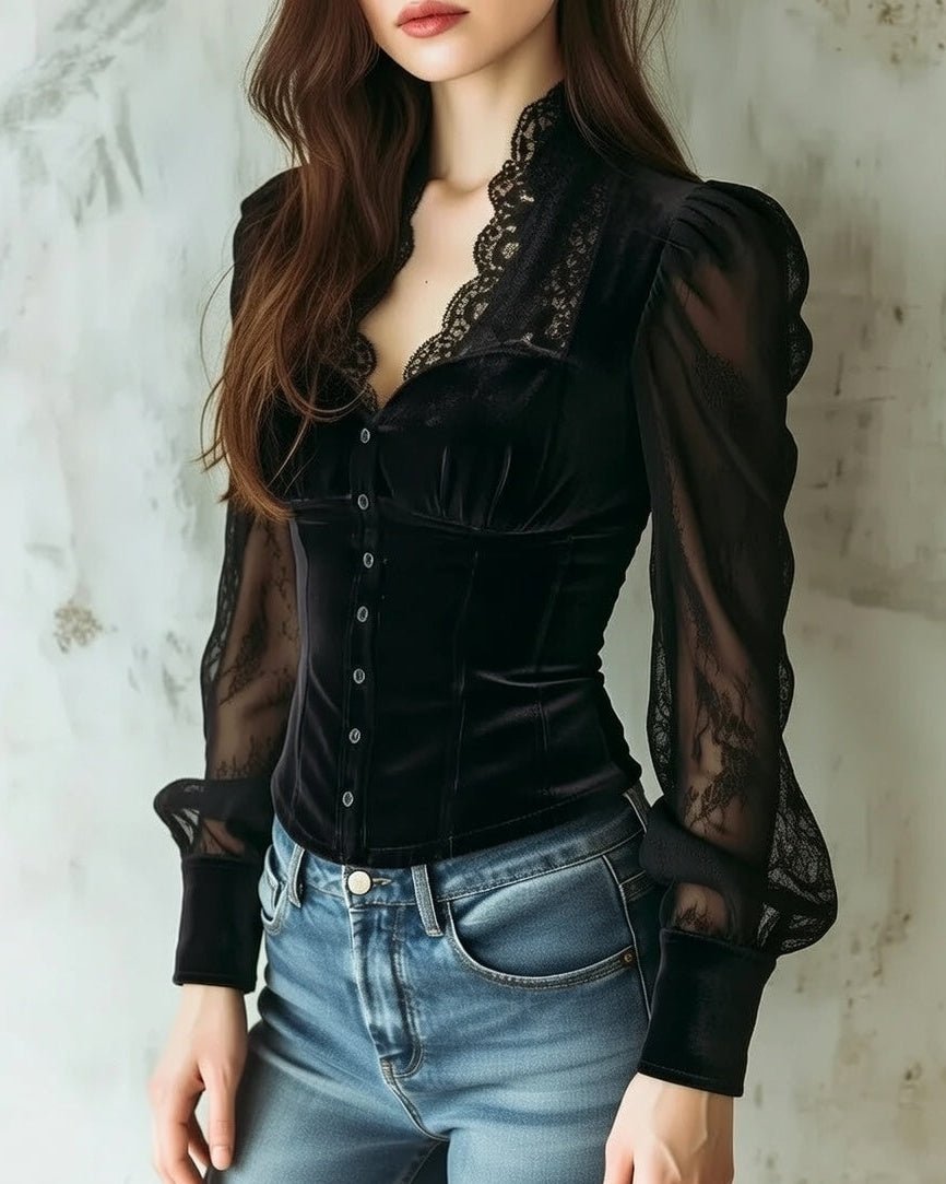 Women's Velvet Button-Up Blouse with Sheer Lace Sleeves