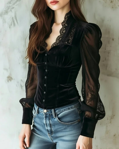 Women's Velvet Button-Up Blouse with Sheer Lace Sleeves
