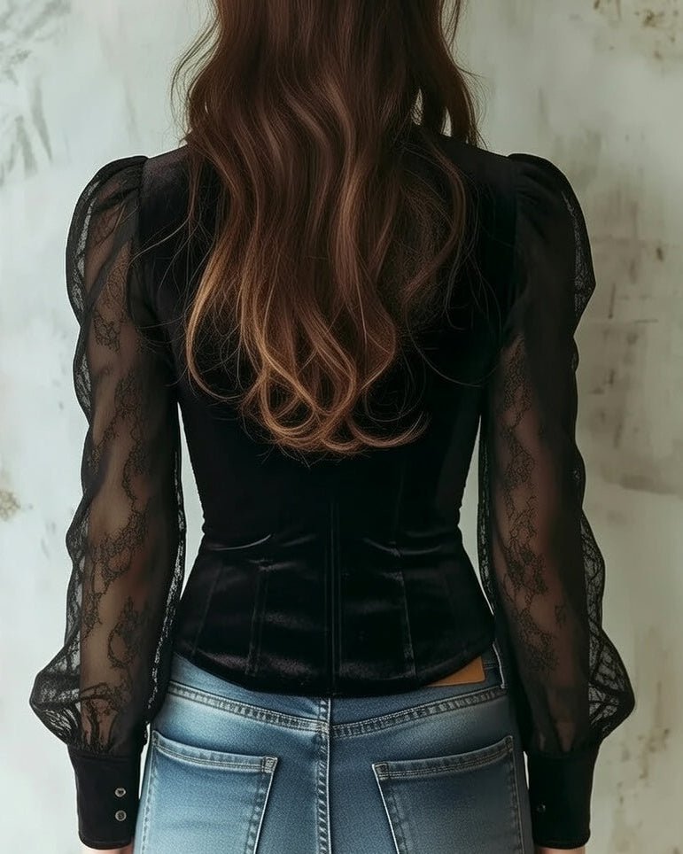 Women's Velvet Button-Up Blouse with Sheer Lace Sleeves