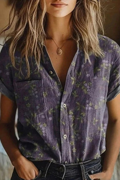 Women's Button-Down Short Sleeve Cotton Floral Blouse