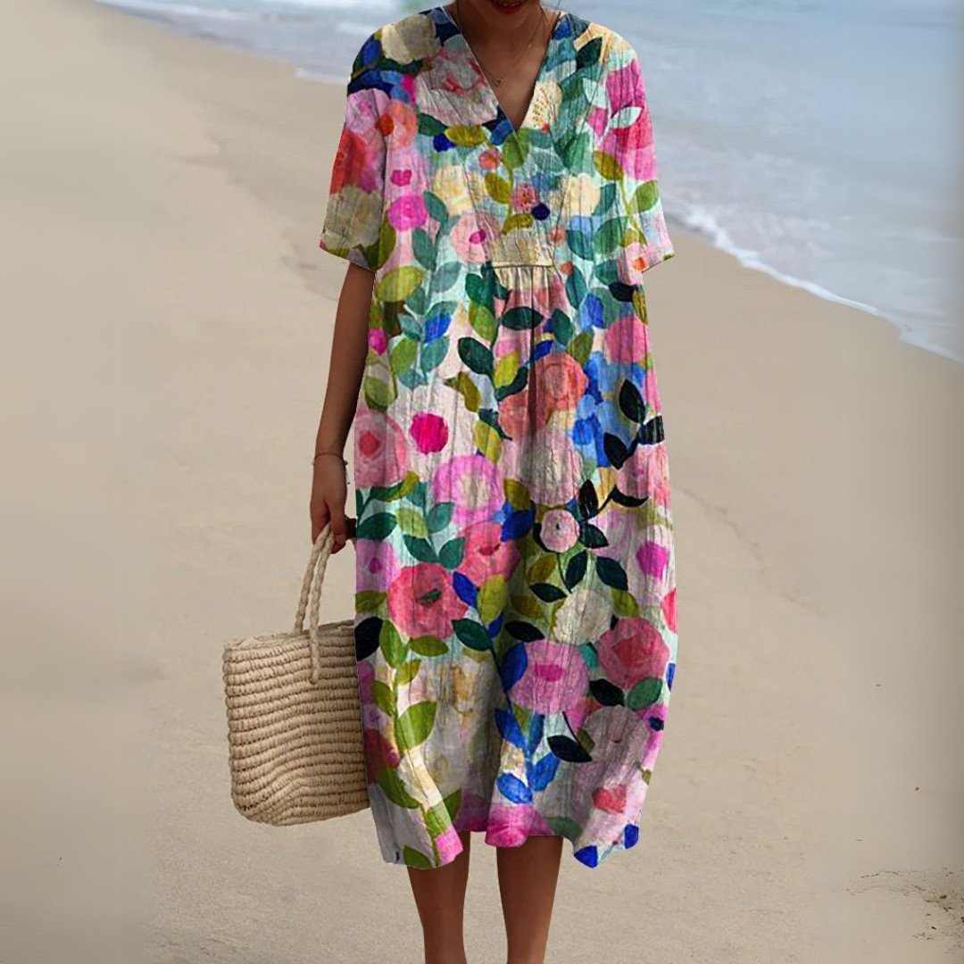 Women's Short-Sleeve V-Neck Floral Midi Length Dress