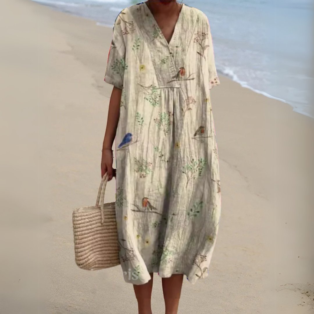 Women's Short-Sleeve V-Neck Floral Midi Length Dress