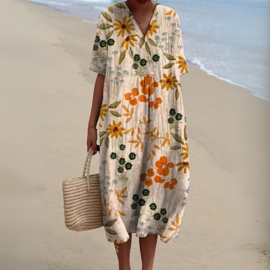 Women's Short-Sleeve V-Neck Floral Midi Length Dress