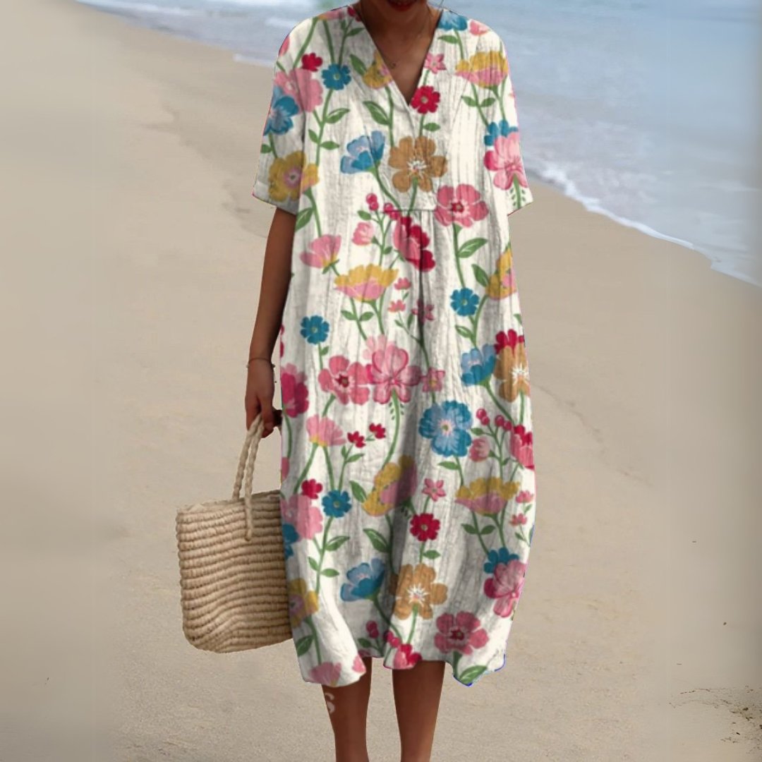 Women's Short-Sleeve V-Neck Floral Midi Length Dress