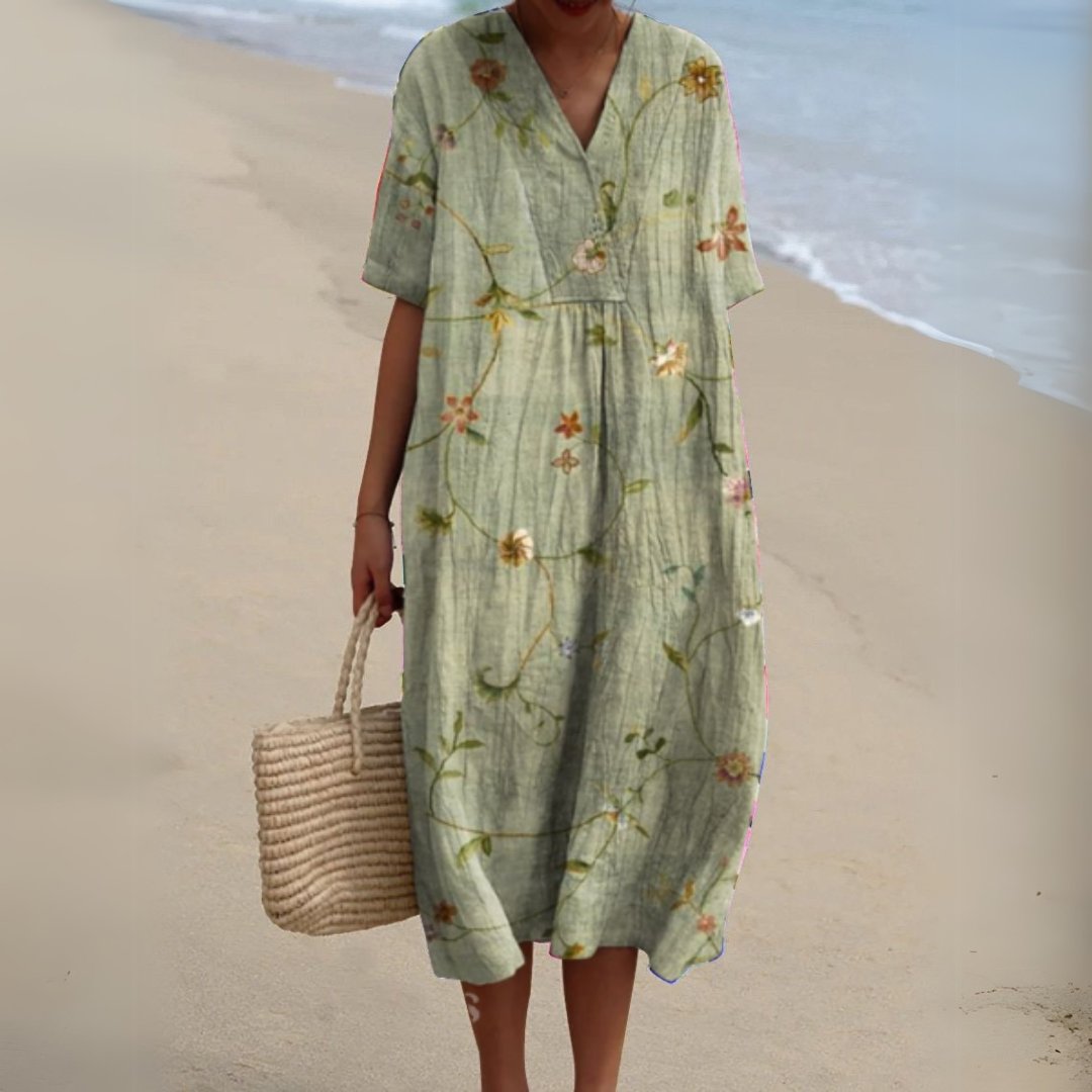 Women's Short-Sleeve V-Neck Floral Midi Length Dress