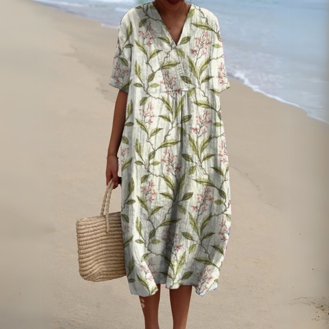 Women's Short-Sleeve V-Neck Floral Midi Length Dress