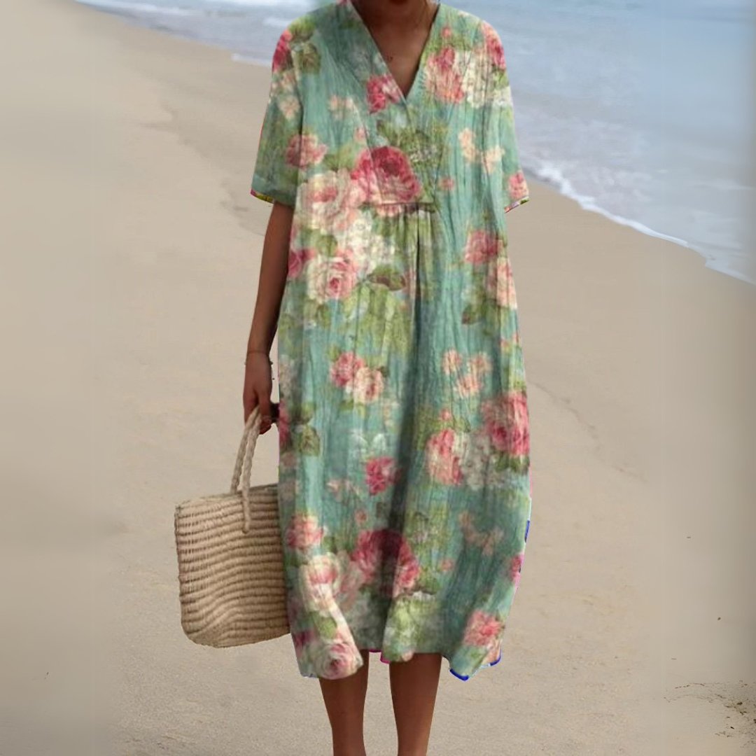 Women's Short-Sleeve V-Neck Floral Midi Length Dress
