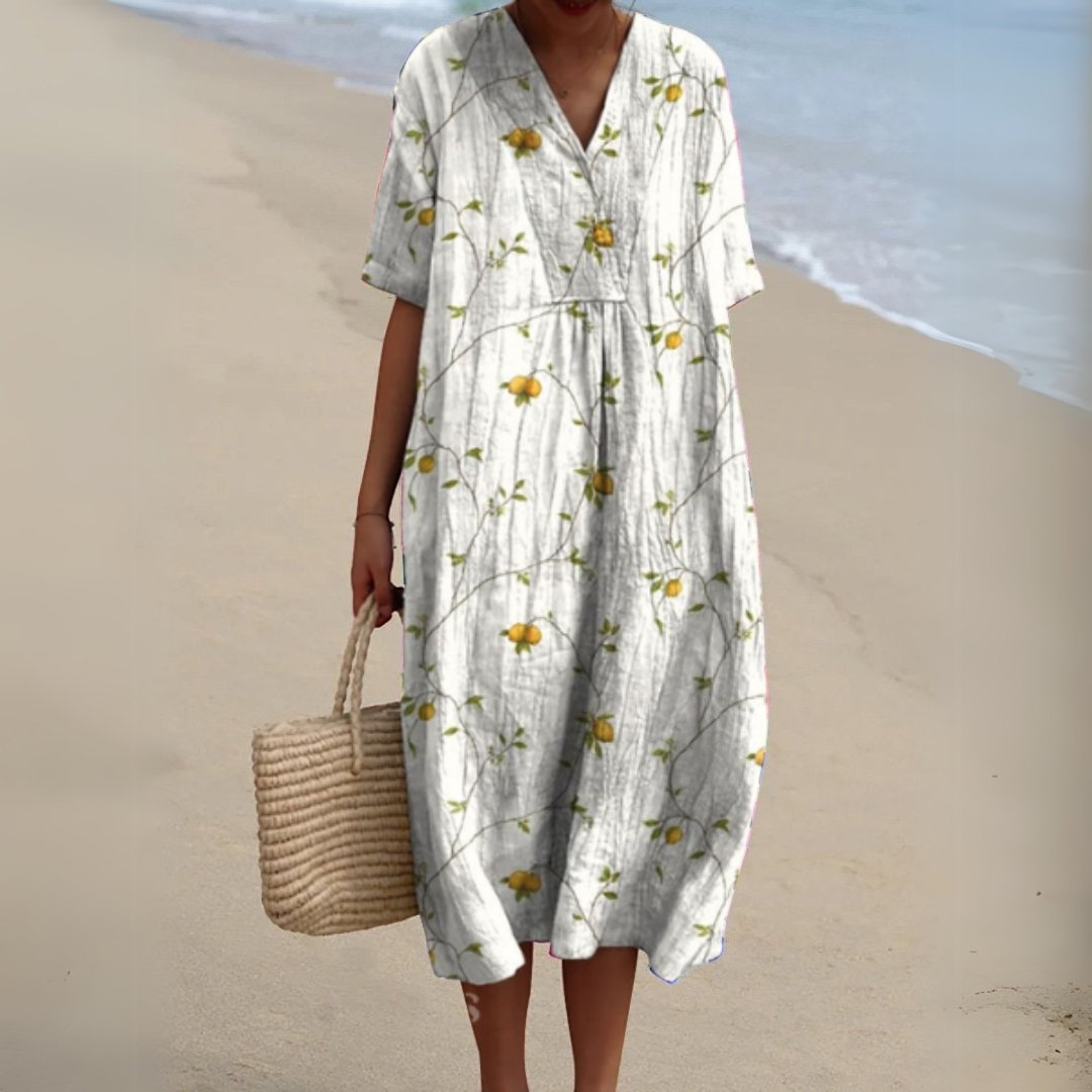 Women's Short-Sleeve V-Neck Floral Midi Length Dress