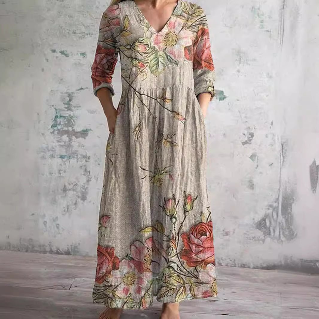 Women's V-Neck Floral Print Summer Maxi Dress