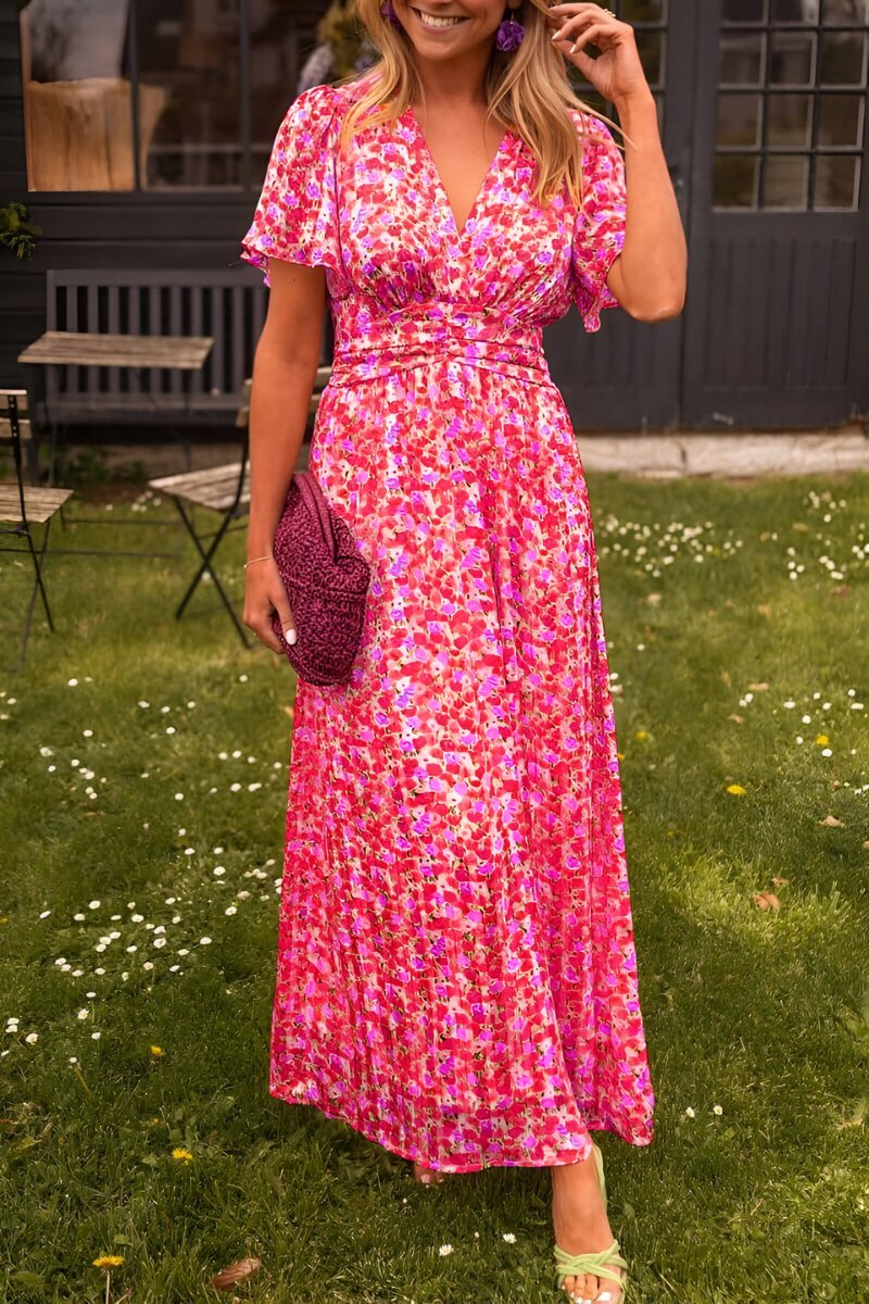 Women's V-Neck Flowy Floral Summer Long Dress
