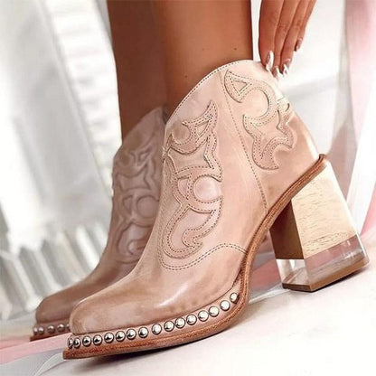 Studded and Embroidered Western Block-Heel Ankle Boots for Women