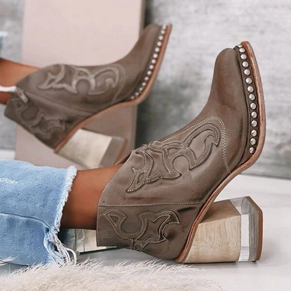 Studded and Embroidered Western Block-Heel Ankle Boots for Women