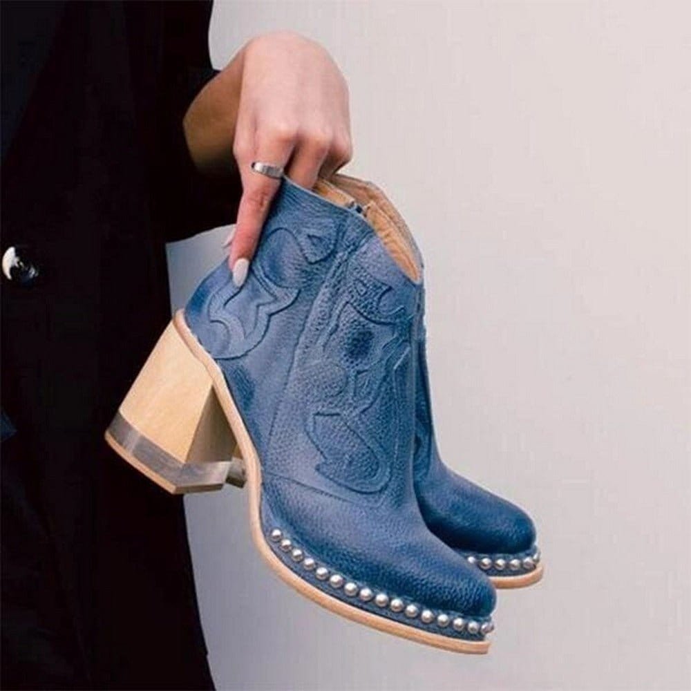 Studded and Embroidered Western Block-Heel Ankle Boots for Women
