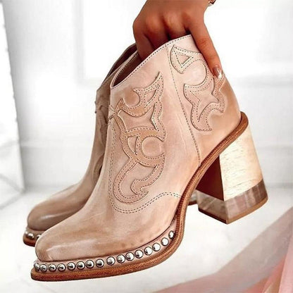 Studded and Embroidered Western Block-Heel Ankle Boots for Women