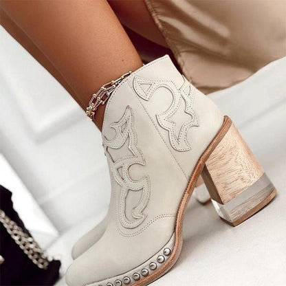 Studded and Embroidered Western Block-Heel Ankle Boots for Women