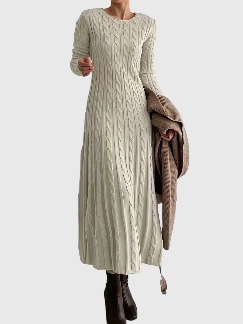 Women's Long-Sleeve Cable Knit Maxi Dress with Crew Neck