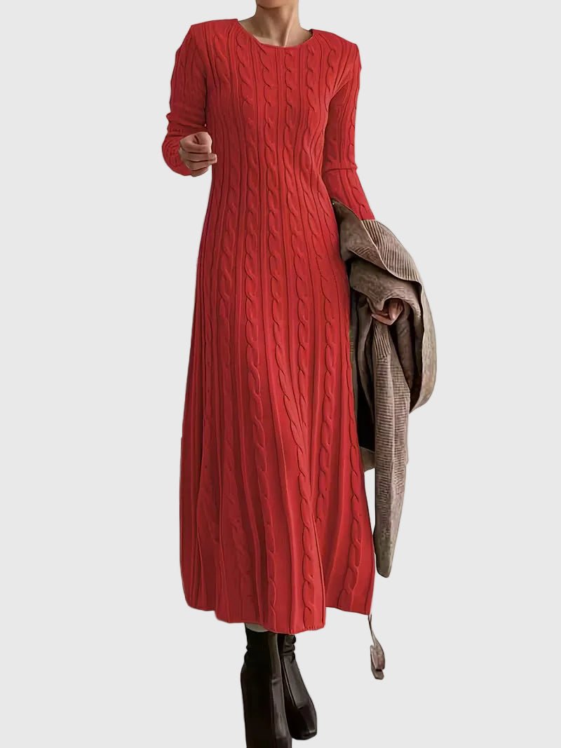 Women's Long-Sleeve Cable Knit Maxi Dress with Crew Neck