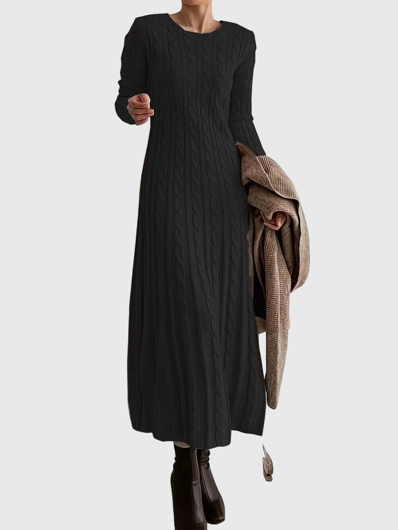 Women's Long-Sleeve Cable Knit Maxi Dress with Crew Neck