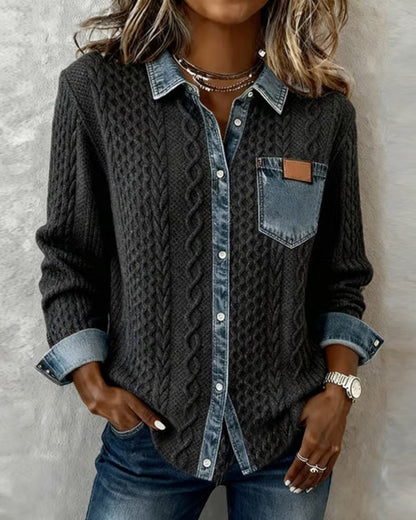 Women's Long-Sleeve Knit Casual Top with Denim Patchwork