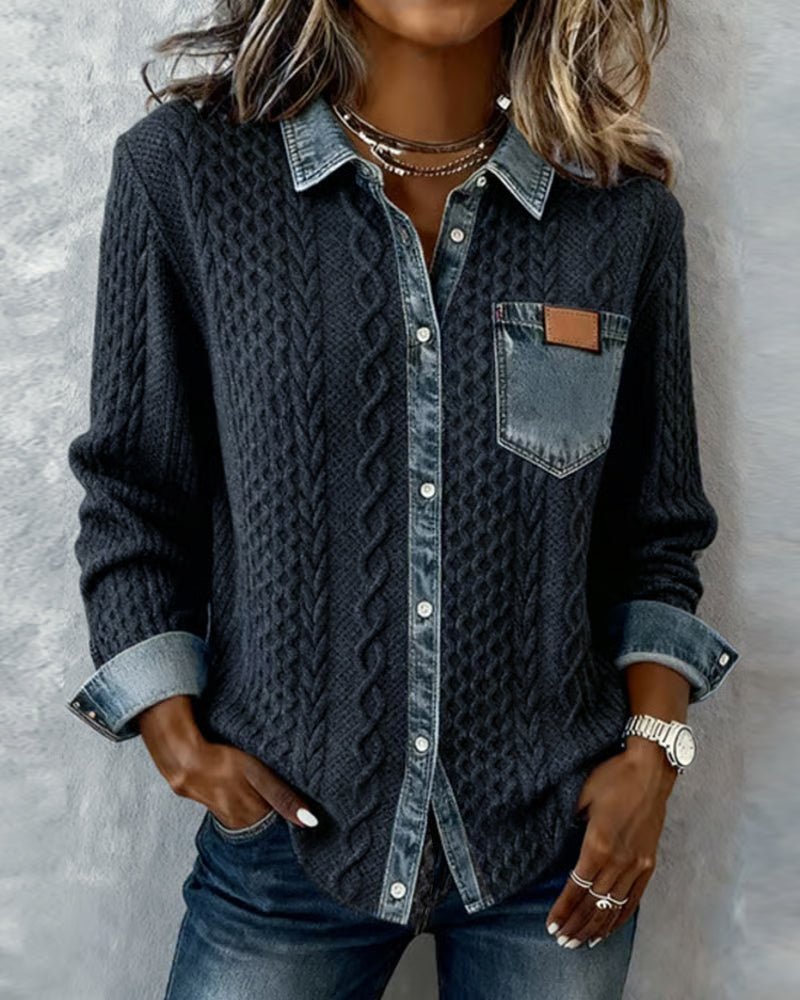 Women's Long-Sleeve Knit Casual Top with Denim Patchwork