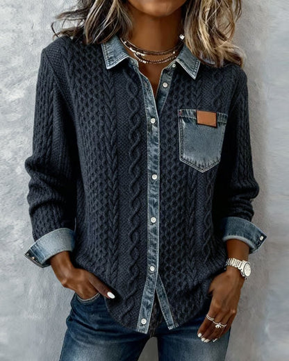 Women's Long-Sleeve Knit Casual Top with Denim Patchwork