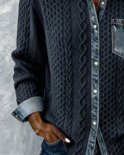 Women's Long-Sleeve Knit Casual Top with Denim Patchwork
