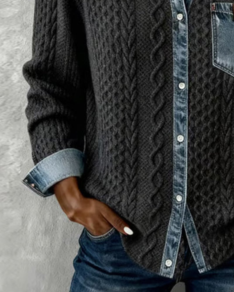 Women's Long-Sleeve Knit Casual Top with Denim Patchwork