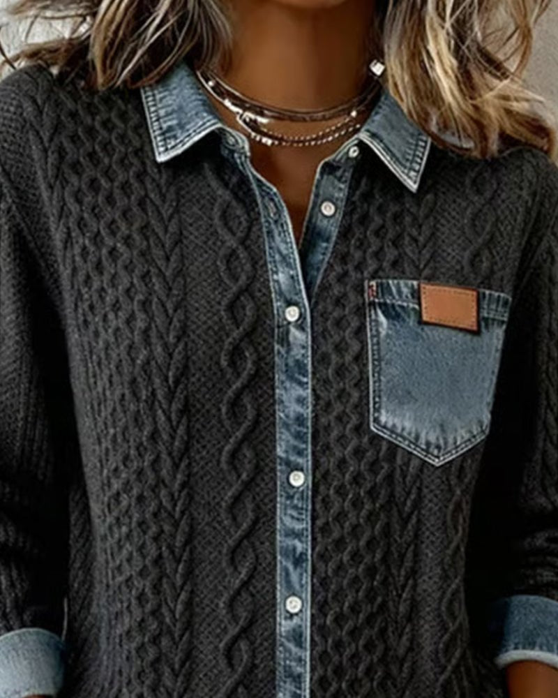 Women's Long-Sleeve Knit Casual Top with Denim Patchwork