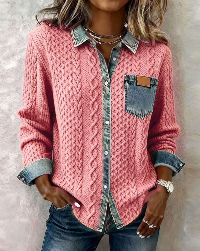 Women's Long-Sleeve Knit Casual Top with Denim Patchwork