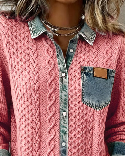 Women's Long-Sleeve Knit Casual Top with Denim Patchwork