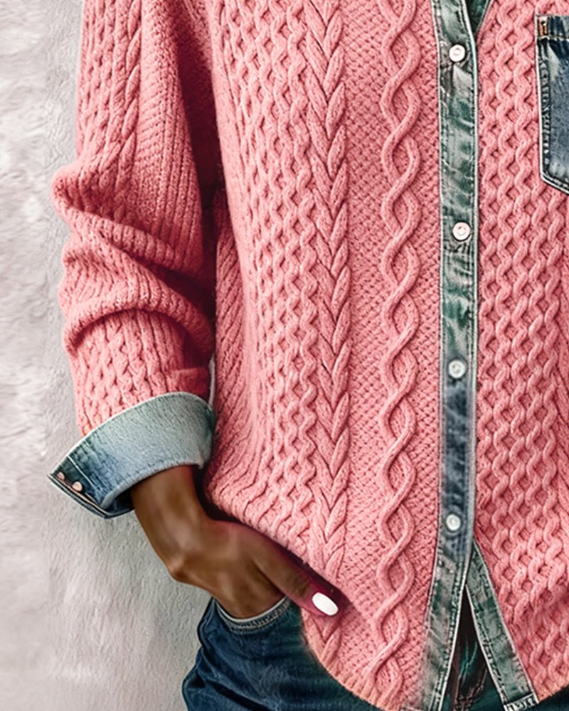 Women's Long-Sleeve Knit Casual Top with Denim Patchwork