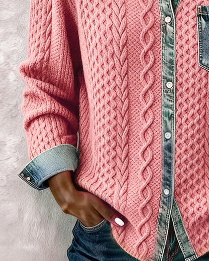 Women's Long-Sleeve Knit Casual Top with Denim Patchwork