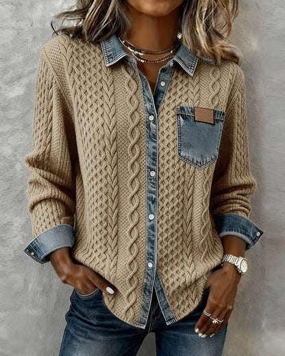 Women's Long-Sleeve Knit Casual Top with Denim Patchwork