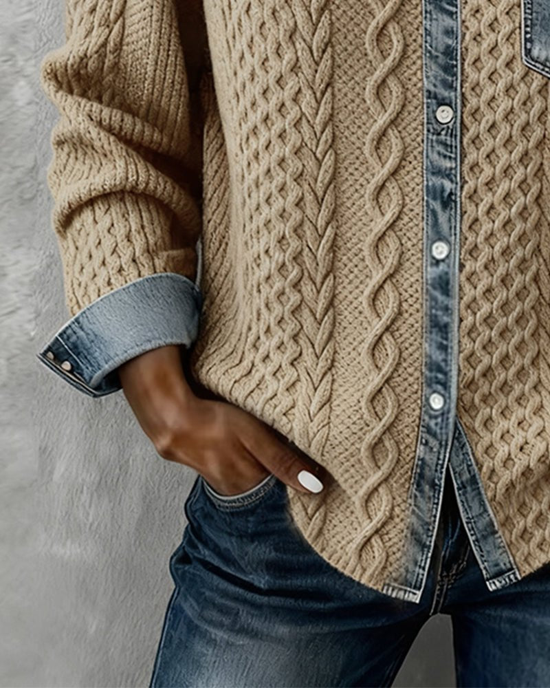 Women's Long-Sleeve Knit Casual Top with Denim Patchwork