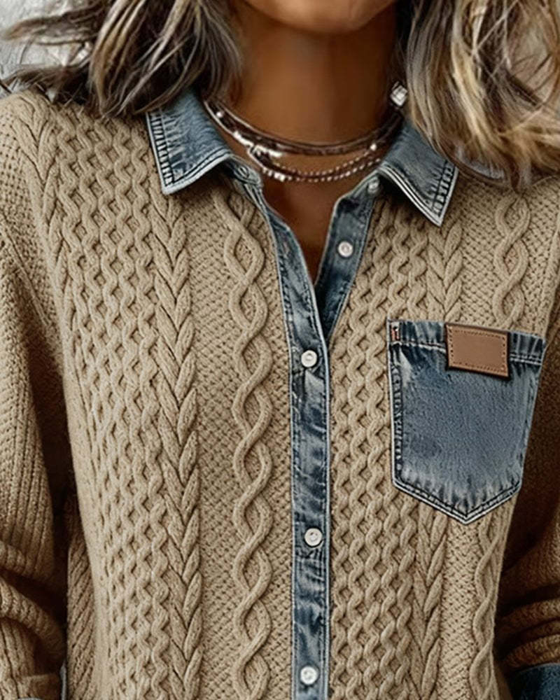 Women's Long-Sleeve Knit Casual Top with Denim Patchwork