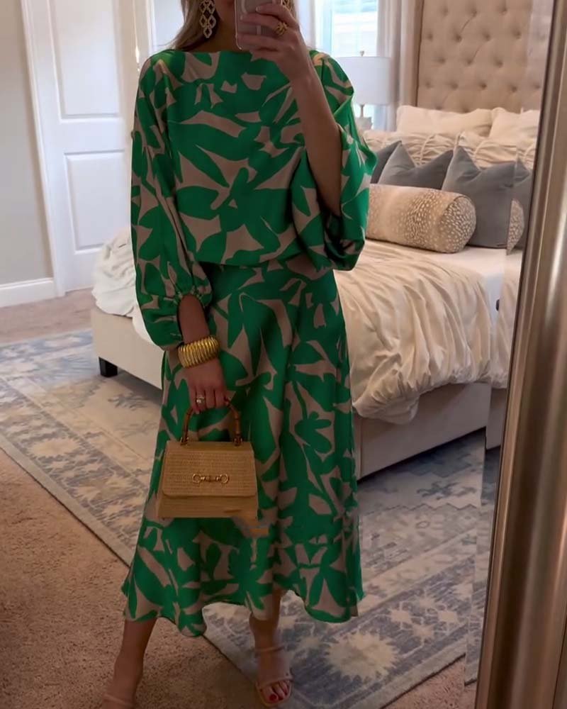 Women's Foliage Print Lantern Sleeve Two-Piece Matching Set