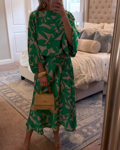 Women's Foliage Print Lantern Sleeve Two-Piece Matching Set