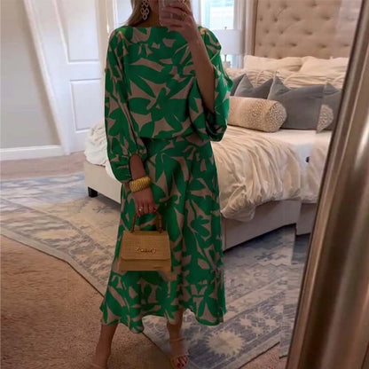Women's Foliage Print Lantern Sleeve Two-Piece Matching Set